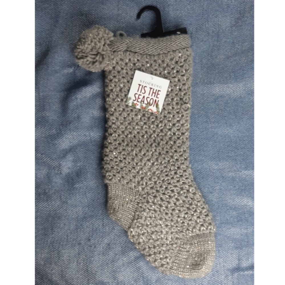 TIS THE SEASON Christmas grey knitted stocking